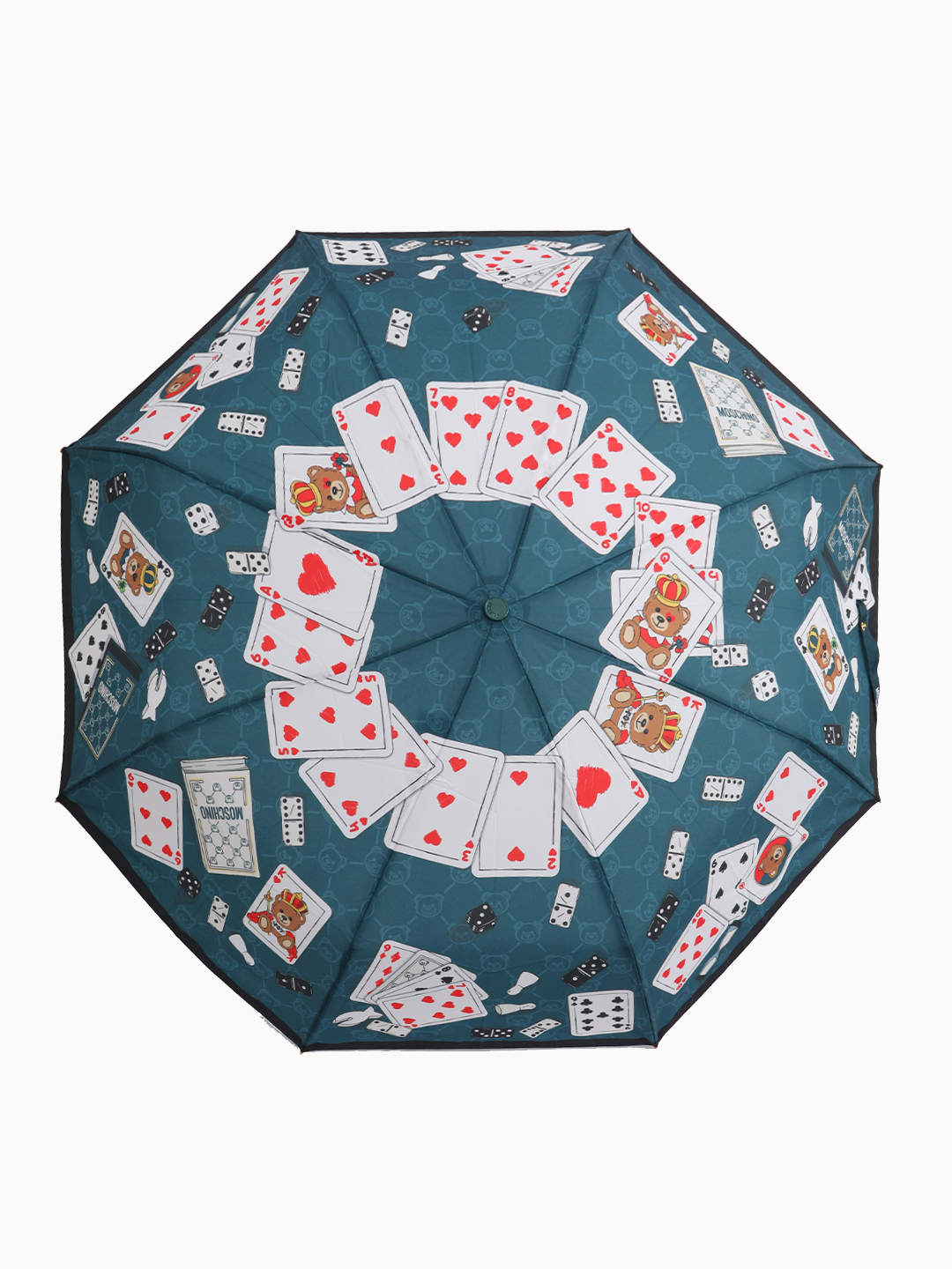 Зонт-автомат mini с принтом игровых карт от MOSCHINO зелёного оттенка petrolio