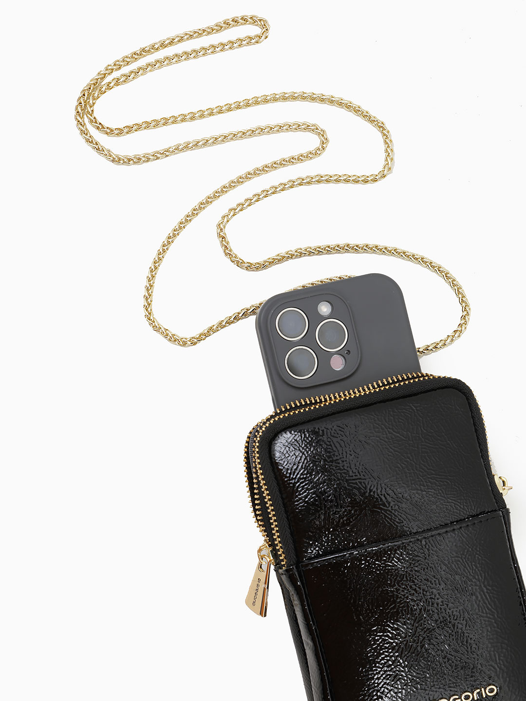 Сумка-кошелёк на шею / через плечо с именной гравировкой Di Gregorio из лаковой черной кожи