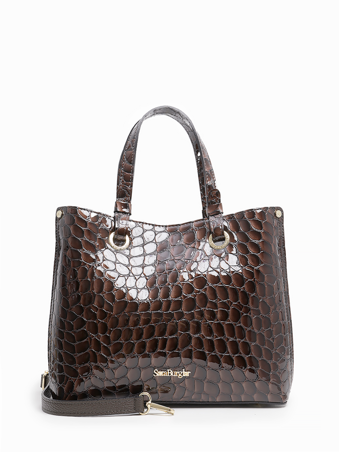 Тоут из натуральной лаковой кожи с металлическим логотипом Sara Burglar в коричневом оттенке