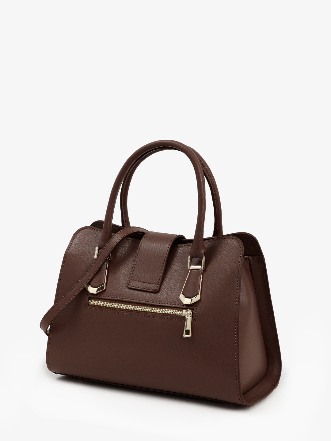 Сумка-тоут с поворотной золотистой фурнитурой от FOLLE в коричневом цвете