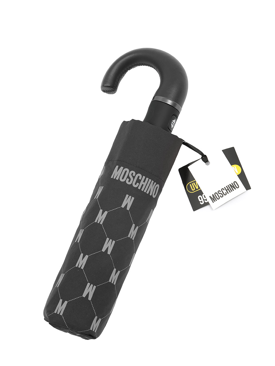 Мужской зонт-автомат мини от Moschino в черном цвете с логотипом бренда