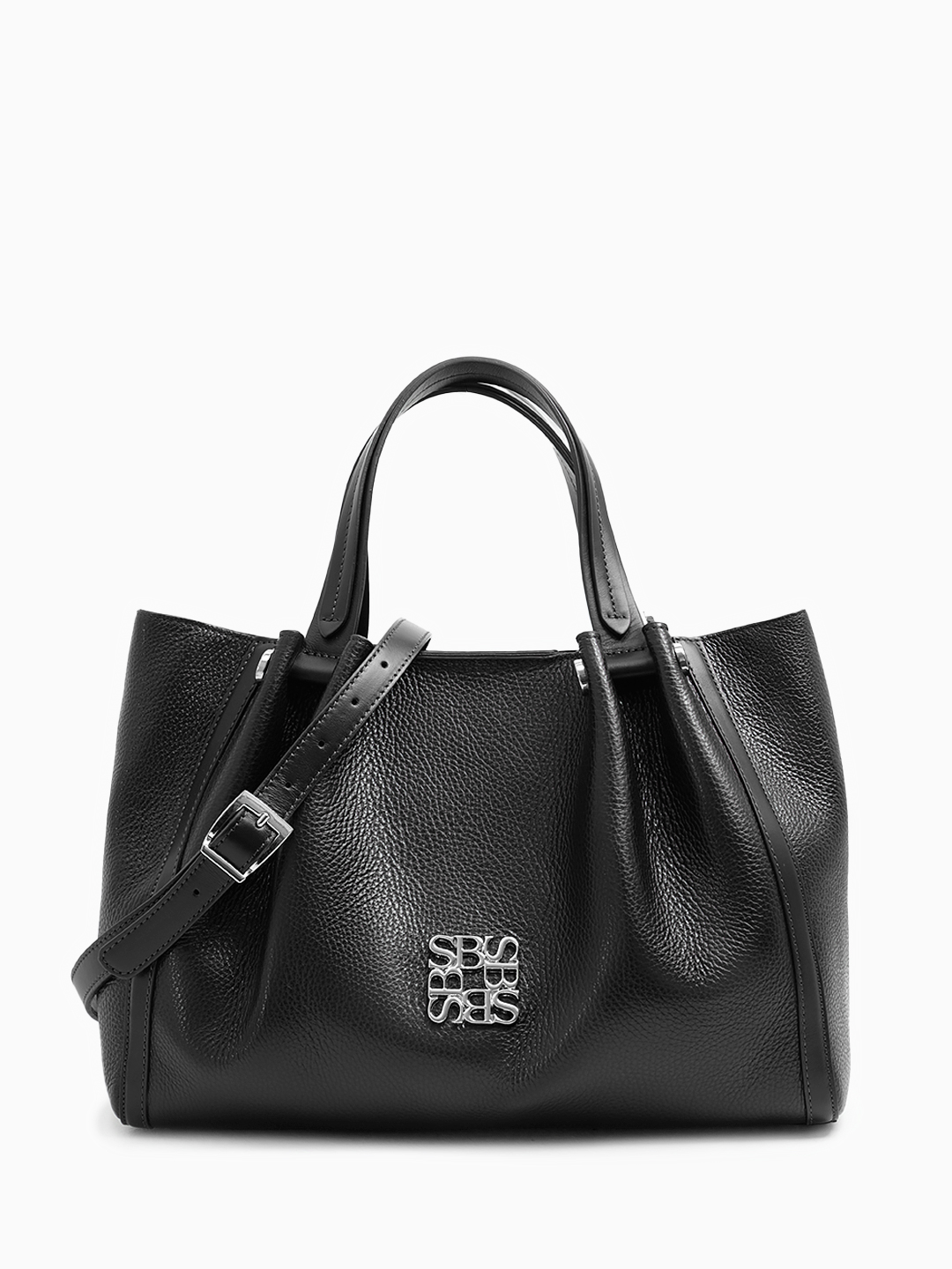 Большая классическая сумка из натуральной кожи с металлическим логотипом Sara Burglar в черном цвете
