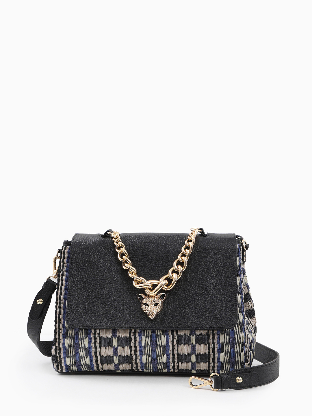 Cэтчел с массивной золотистой цепью и головой леопарда KELLEN из рафии и натуральной кожи чёрного цвета