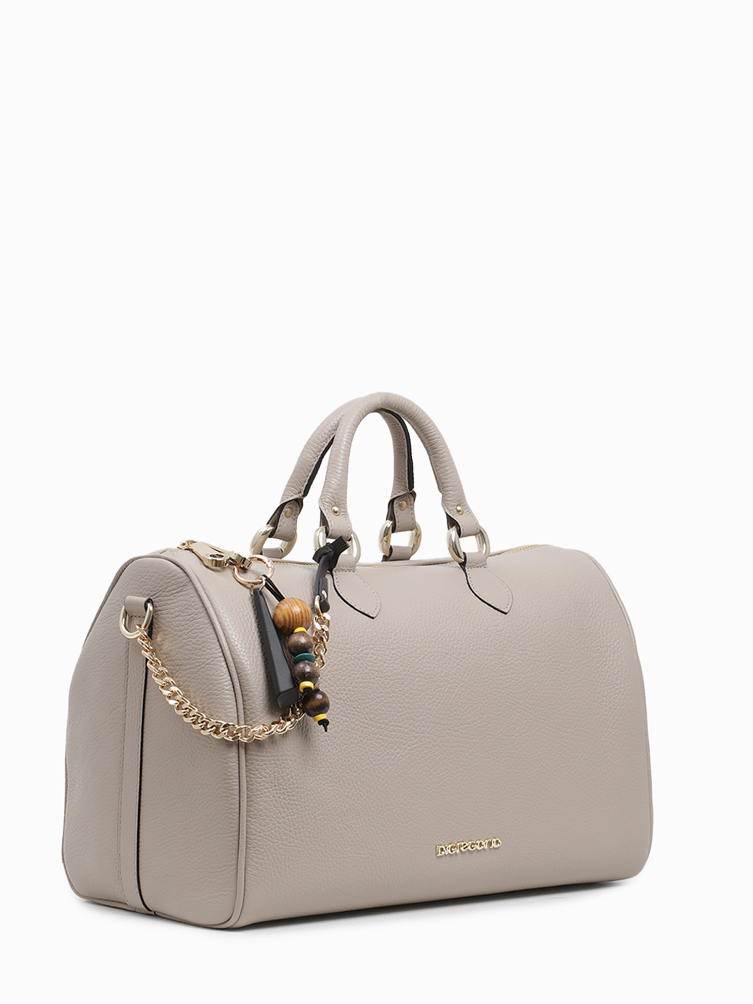 Сумка-боулер с цепью и брелком с твилли от Di Gregorio в размере L оттенка тауп