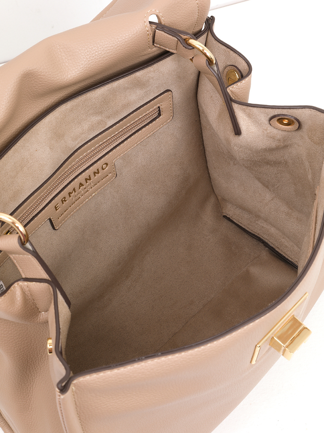Сумка-портфель мягкой формы с текстильным ремнём от ERMANNO FIRENZE в тёмно-бежевом цвете