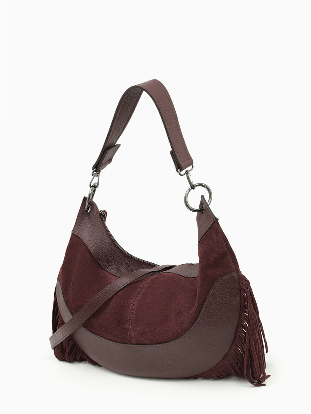 Сумка - мешок с бахромой от бренда BE NICE в комбинации замши и кожи в цвете бордо