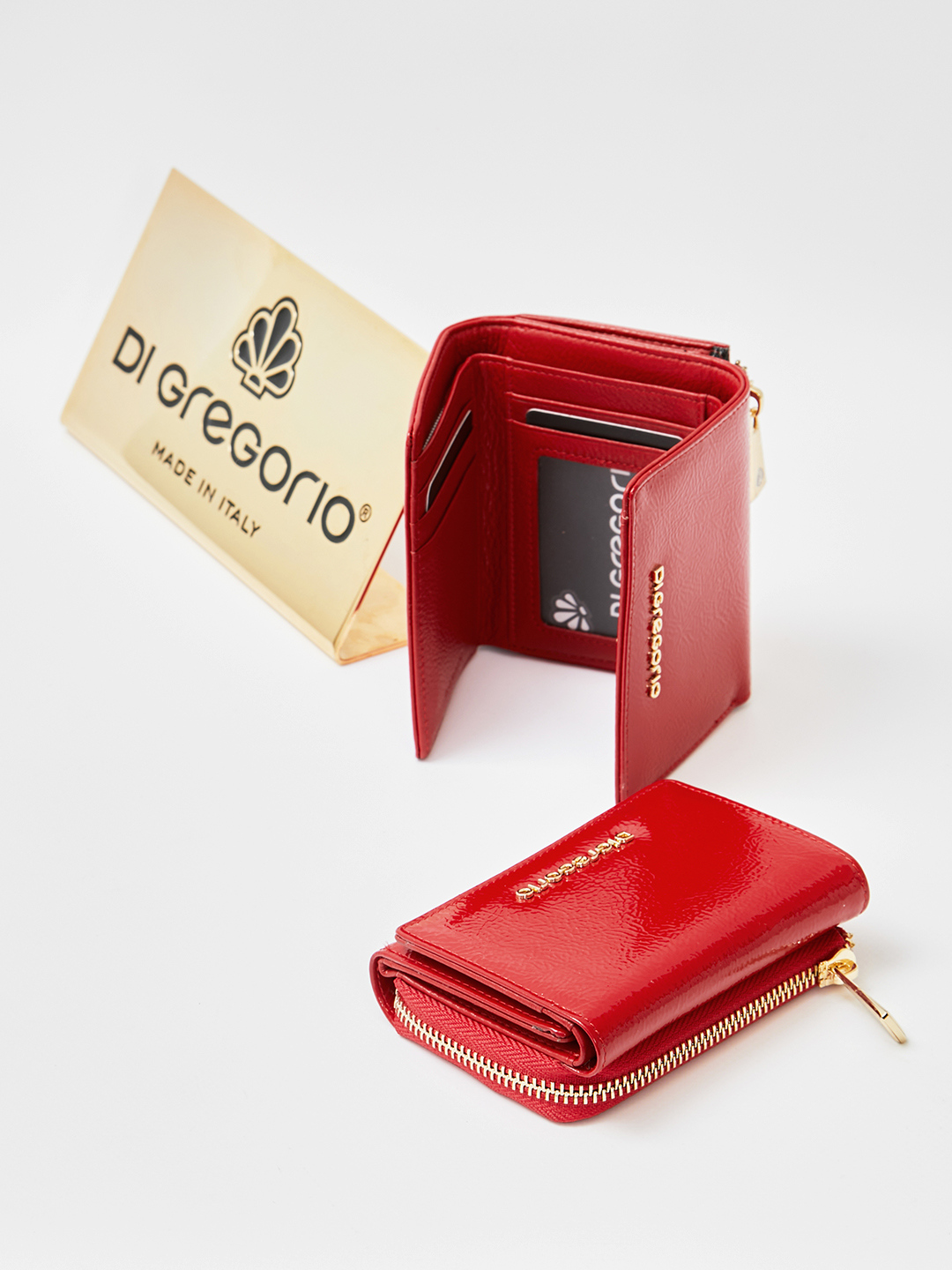 Небольшой кошелёк с металлическими буквами логотипа Di Gregorio красного цвета