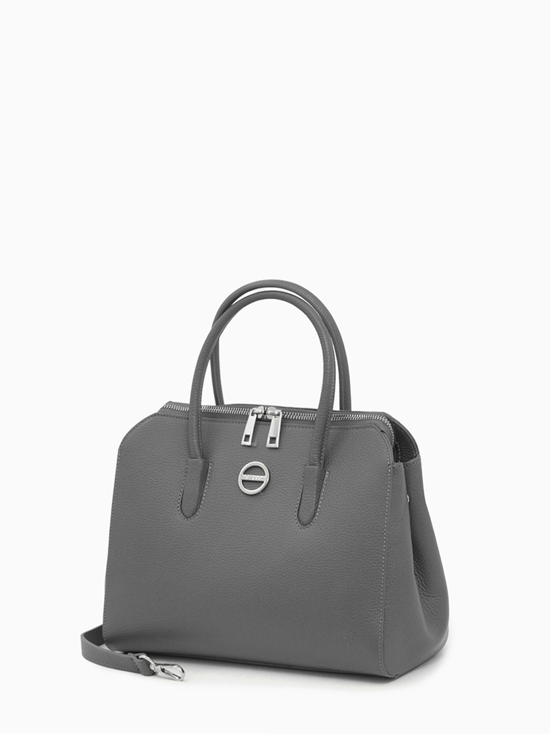Сумка-тоут в размере М с круглой брендированной фурнитурой от FOLLE серого оттенка