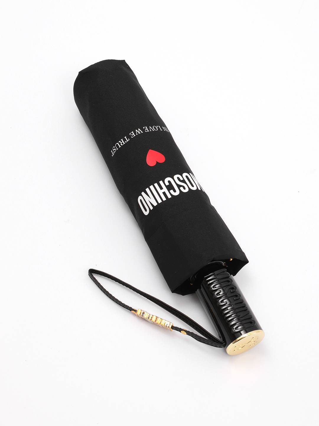 Зонт-автомат мини от Moschino в чёрном цвете с красным сердцем и надписью 