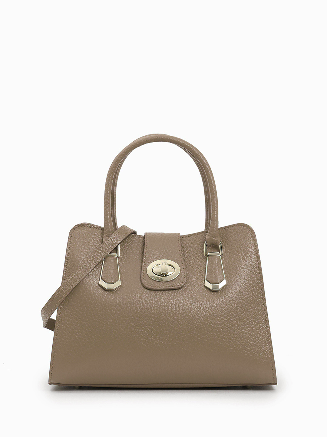 Сумка-тоут с поворотной золотистой фурнитурой в крупнозернистой коже от FOLLE в цвете тауп