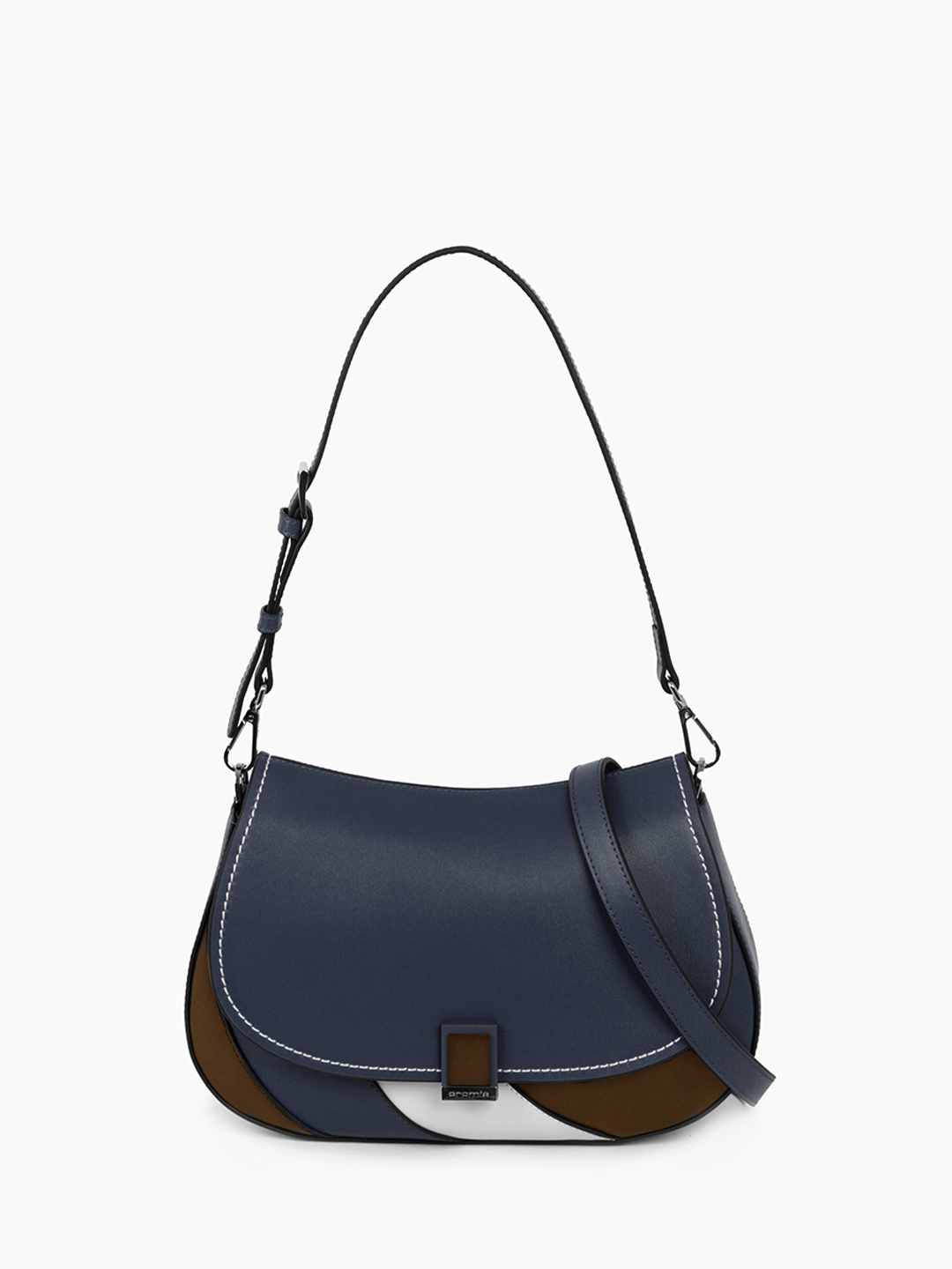 Синяя сумка багет от бренда CROMIA в гладкой коже в стиле колор блок