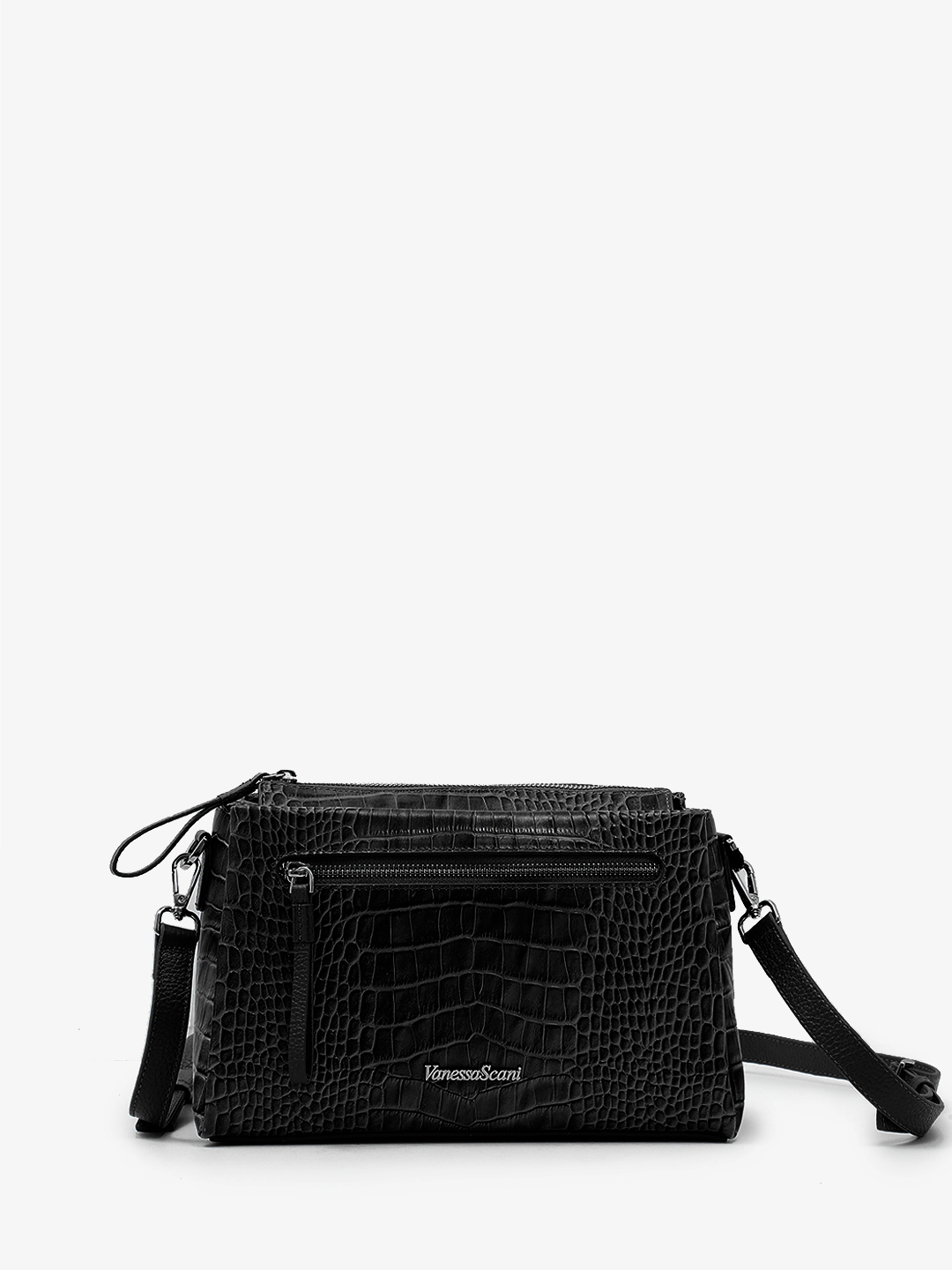 Прямоугольная кросс-боди с тремя отделениями от Vanessa Scani из кожи под крокодила чёрного цвета