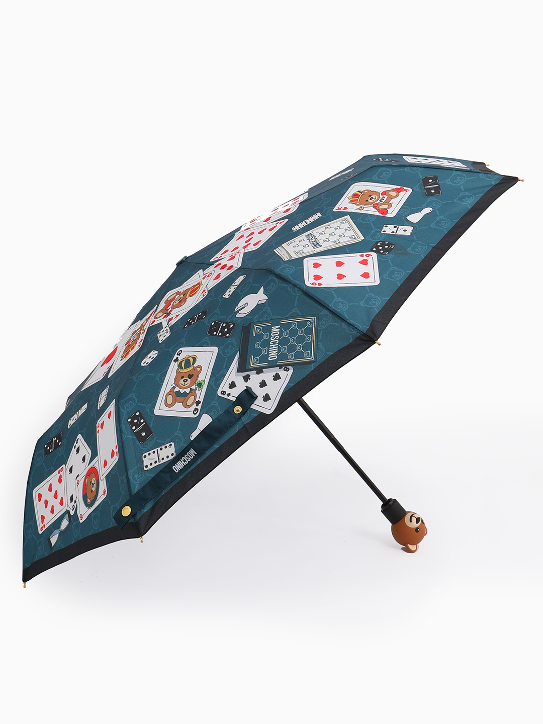 Зонт-автомат mini с принтом игровых карт от MOSCHINO зелёного оттенка petrolio