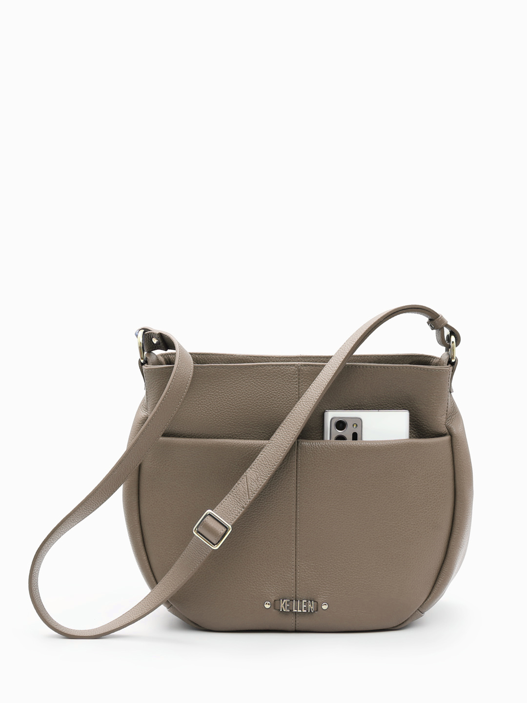 Полукруглая кросс-боди с металлическими буквами KELLEN в оттенке тауп