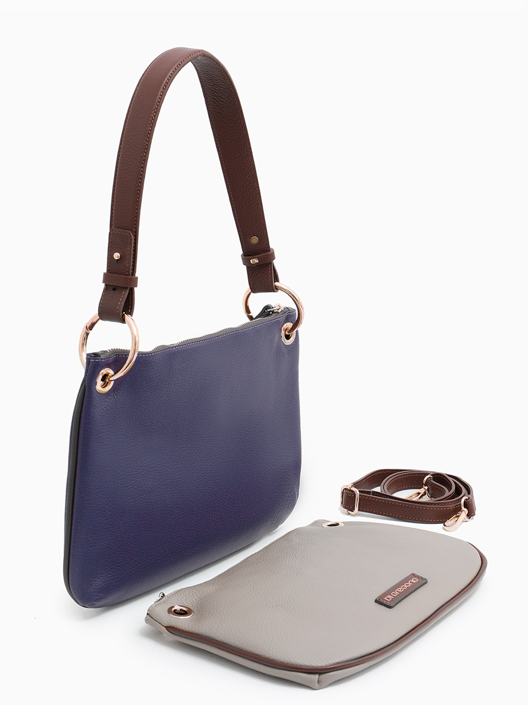 Двойная сумка на плечо с брендовым патчем Di Gregorio в сочетании василькового и серого оттенков