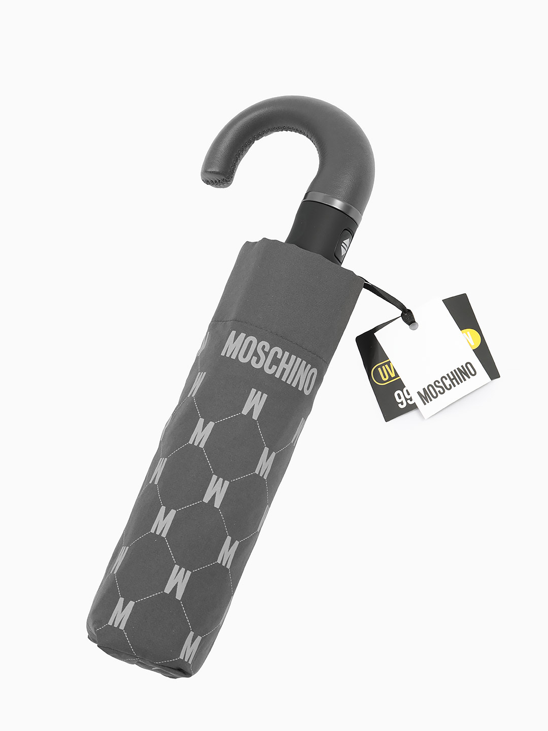 Мужской зонт-автомат мини от Moschino в сером цвете с логотипом бренда
