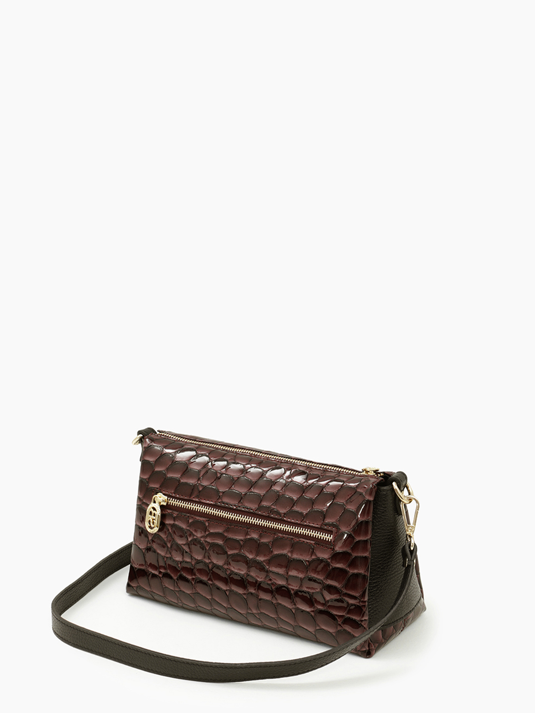 Кросс-боди из натуральной лаковой кожи под рептилию с металлическим логотипом Sara Burglar в коричневом цвете