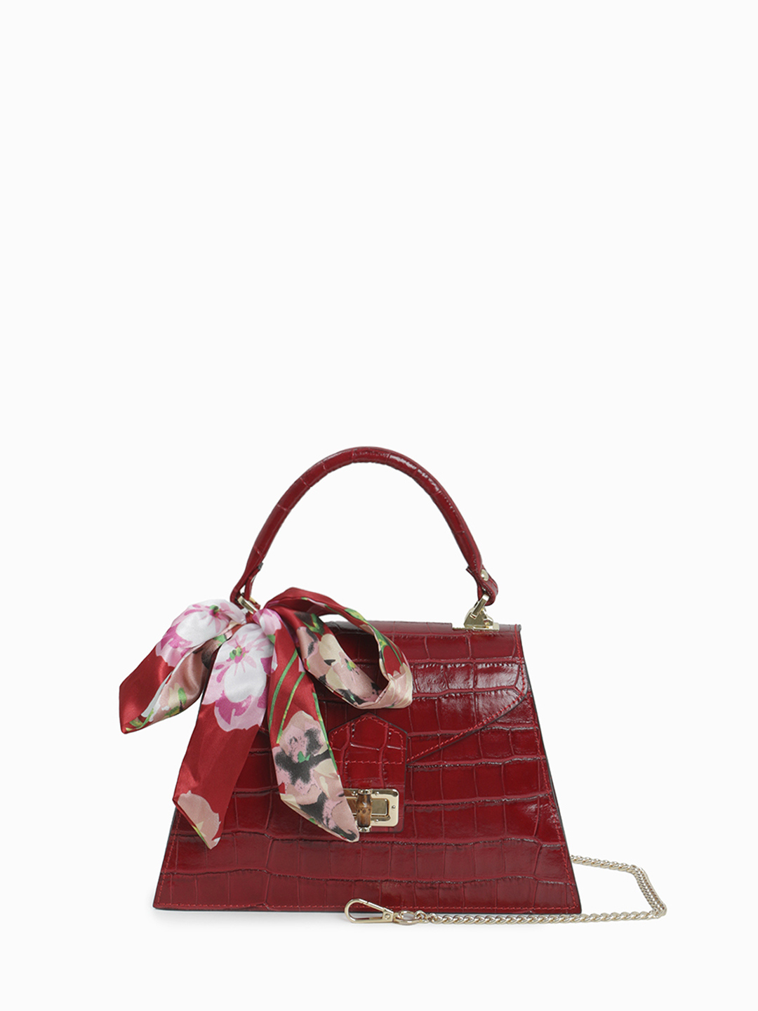 Сумка-сэтчел с поворотной фурнитурой от BE NICE из кожи под крокодила рубинового оттенка