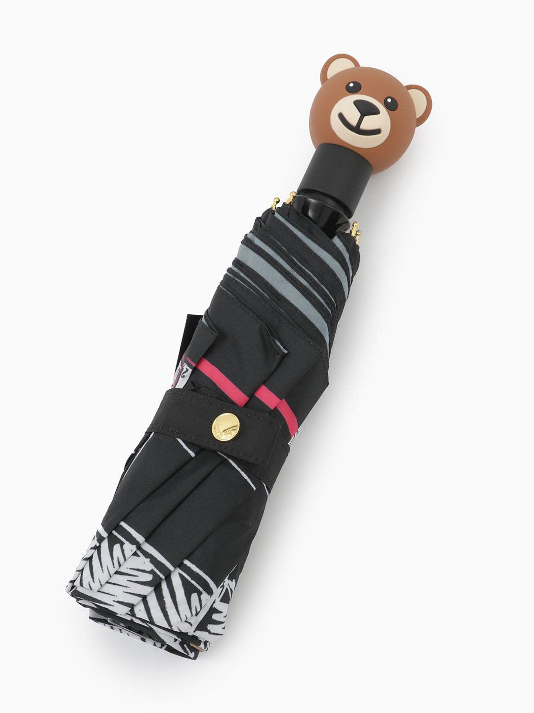 Зонт-автомат мини черного цвета с ручкой-медведем от MOSCHINO