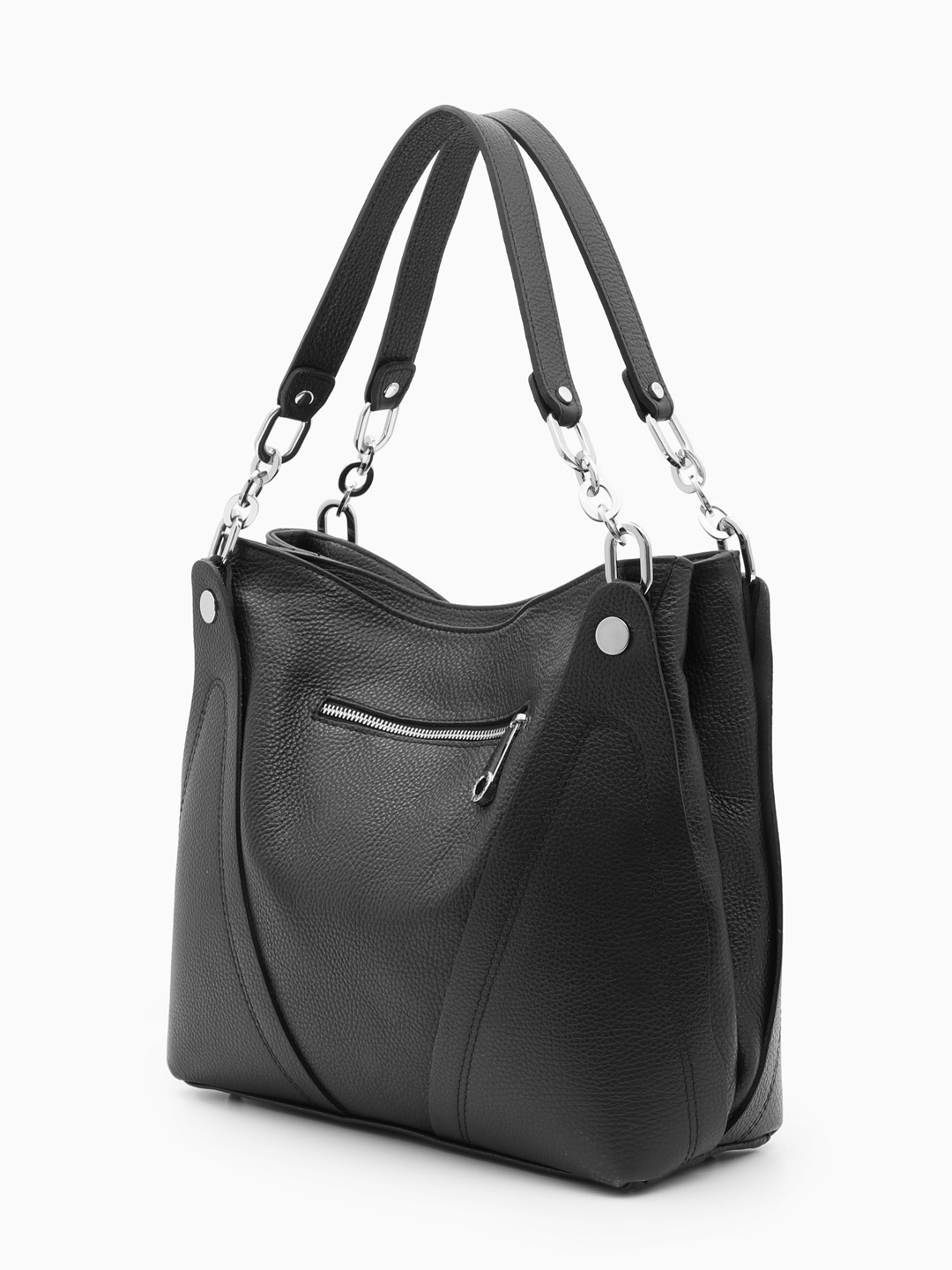 Классическая сумка из натуральной чёрной кожи с серебристой фурнитурой и цепочками у ручек от Di Gregorio