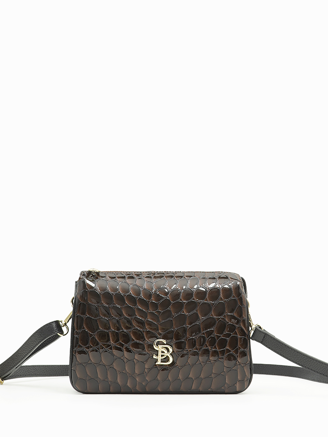 Сумка кросс-боди от Sara Bulglar прямоугольной формы из натуральной лаковой кожи шоколадного цвета 