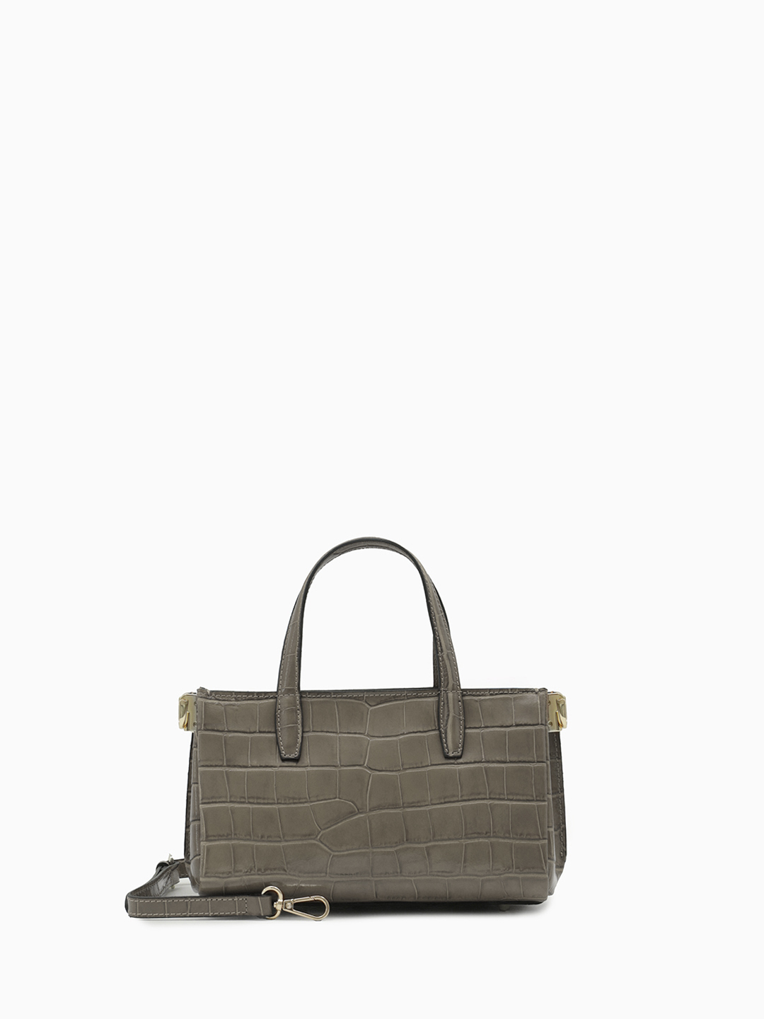 Небольшая сумка тоут через плечо от итальянского бренда FOLLE из кожи с выделкой под крокодила оттенка тауп