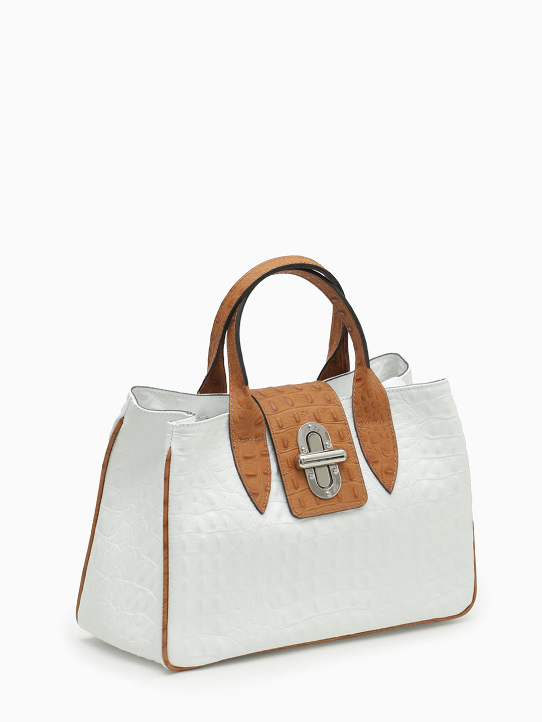 Сумка с поворотной серебристой фурнитурой от FOLLE из кожи под крокодила белого цвета