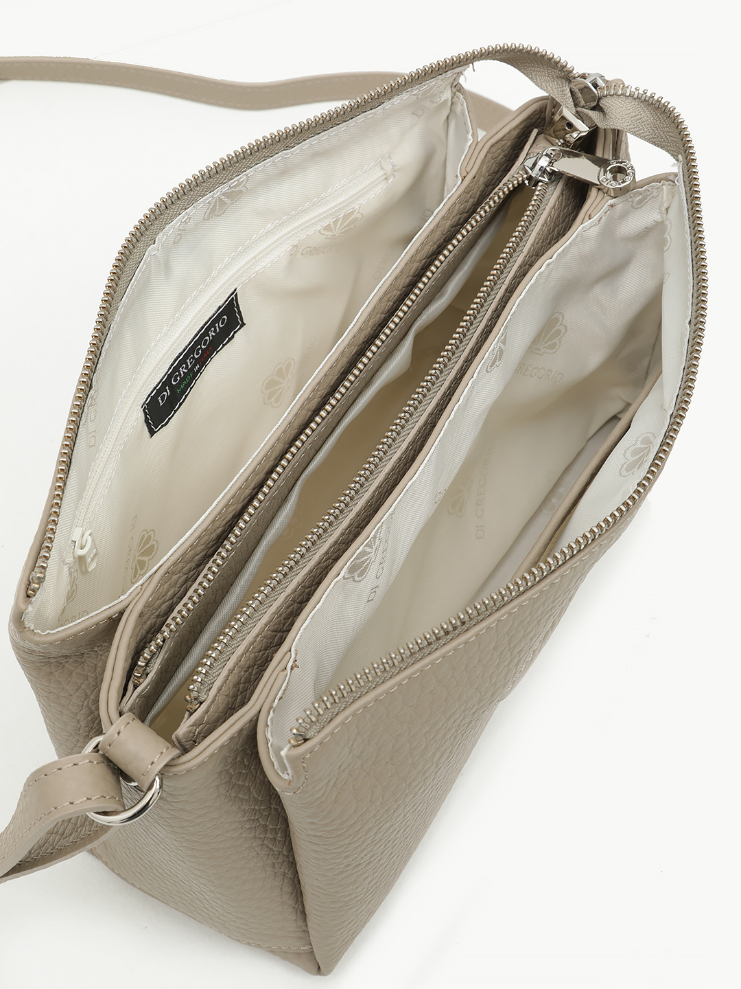 Кросс-боди с двумя кожаными пуллерами и металлическим логотипом Di Gregorio в цвете тауп с серебристой фурнитурой
