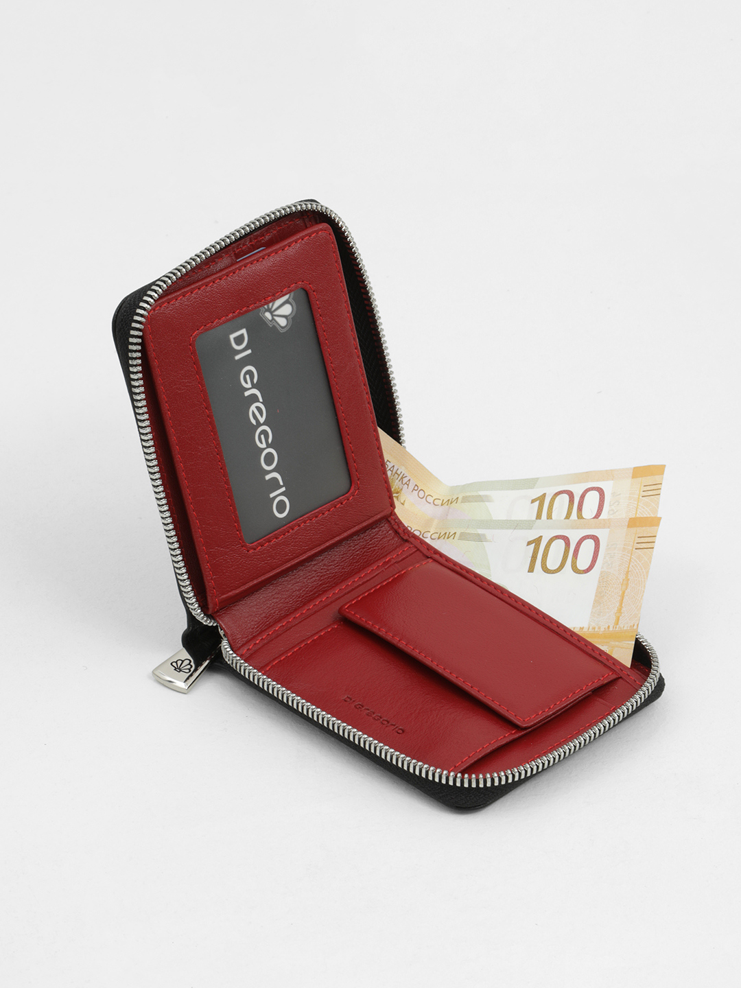 Бумажник от Di Gregorio чёрного цвета с красной строчкой и красной внутренней отделкой