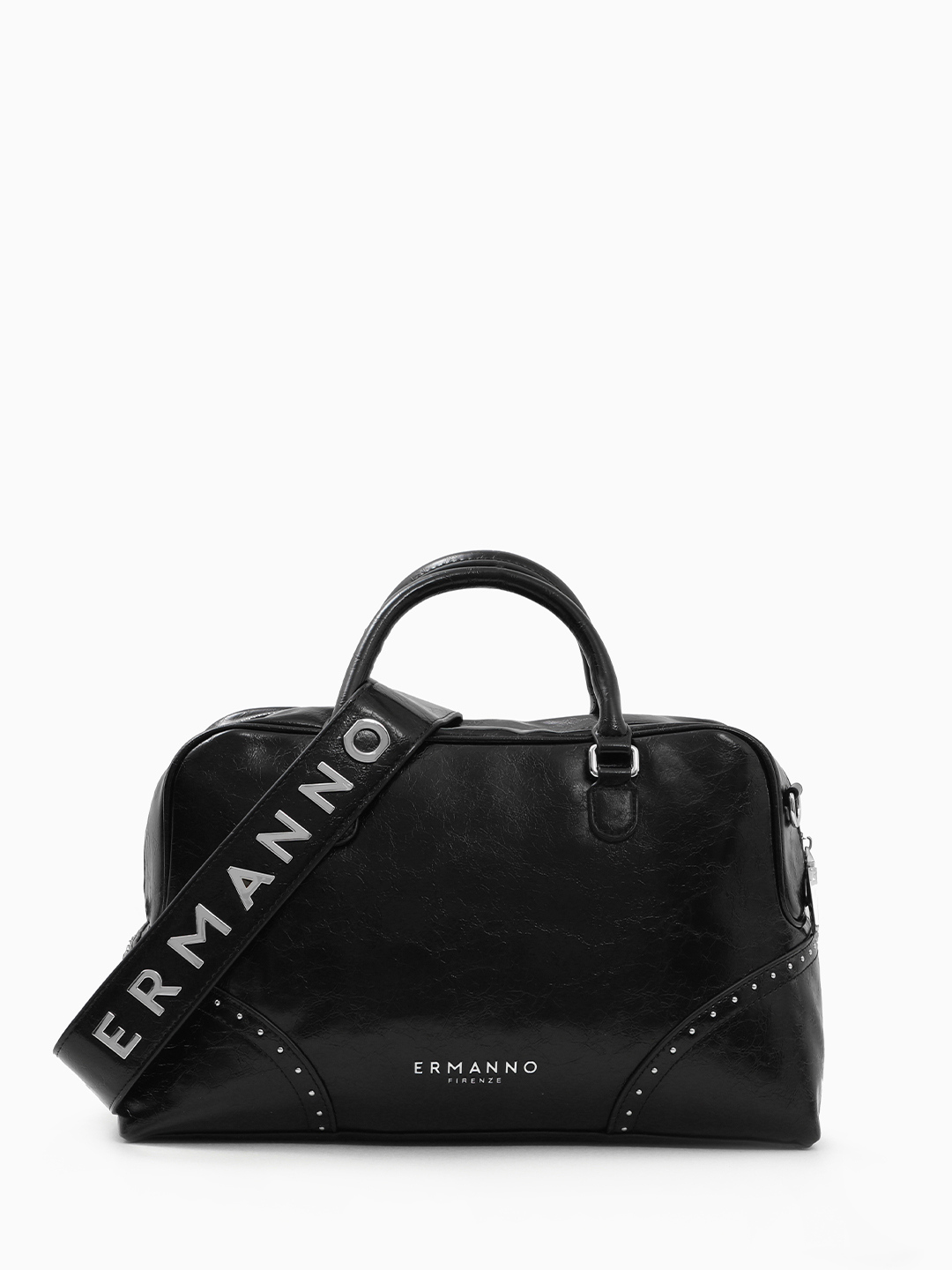 Сумка-боулер с металлическими клёпками и крупной монограммой ERMANNO FIRENZE в чёрном цвете