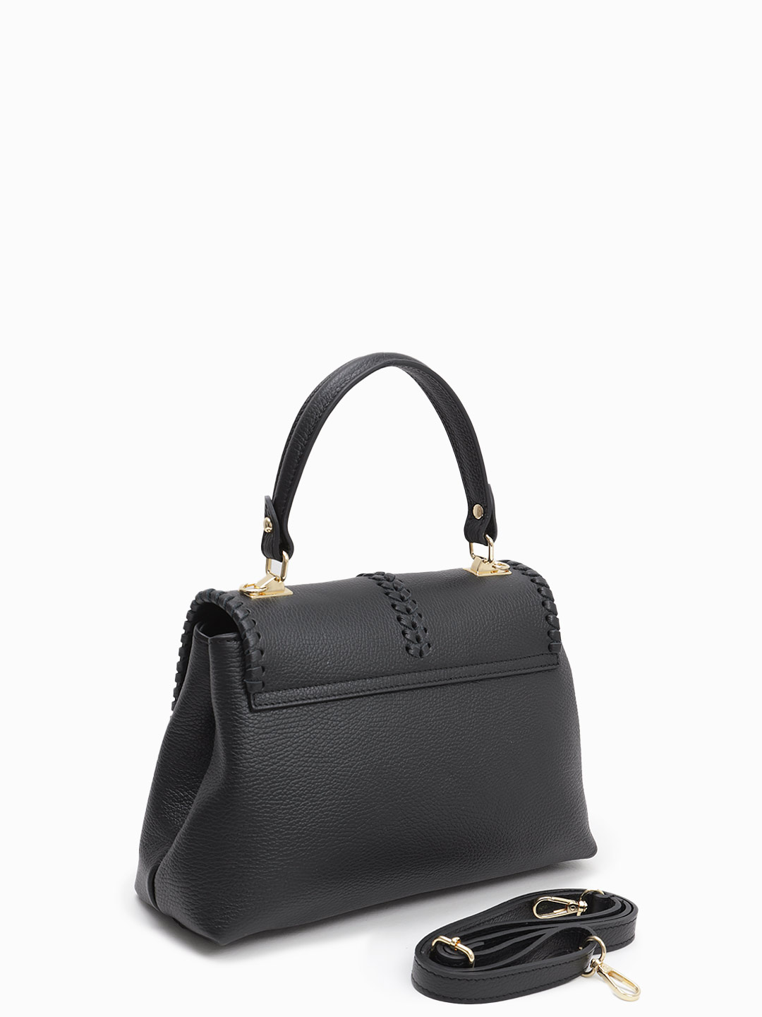 Чёрный сэтчел из зернистой кожи с кожаным плетением от FOLLE