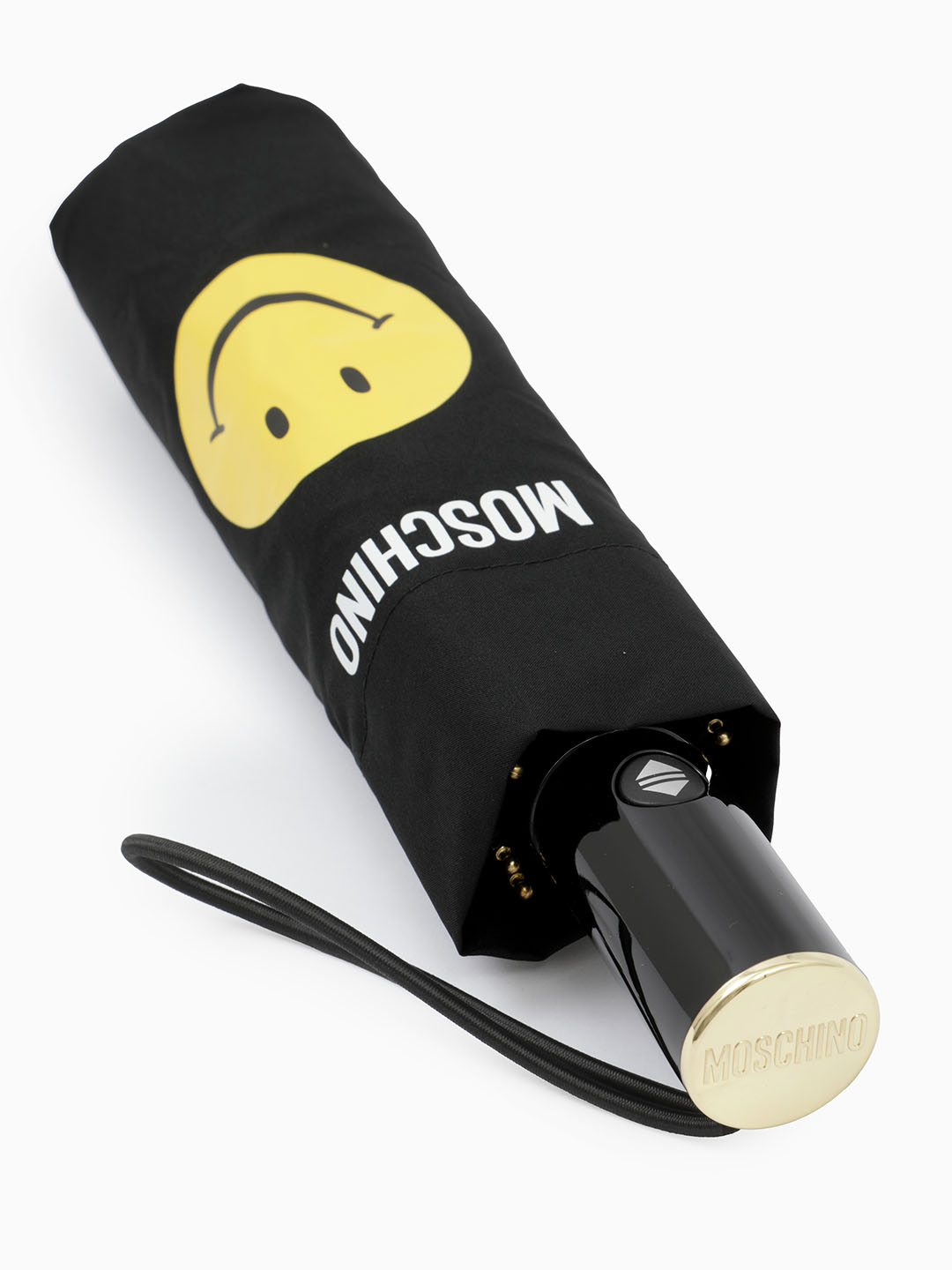 Зонт-автомат мини чёрного цвета с изображением жёлтых смайлов от MOSCHINO