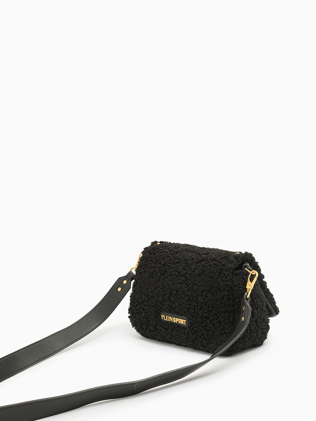 Меховая кросс-боди с патчем с золотистыми буквами Plein Sport в чёрном цвете
