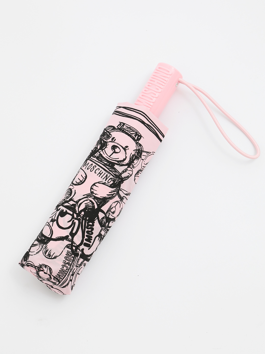 Розовый зонт-автомат mini с изображением чёрно-белых мишек от MOSCHINO