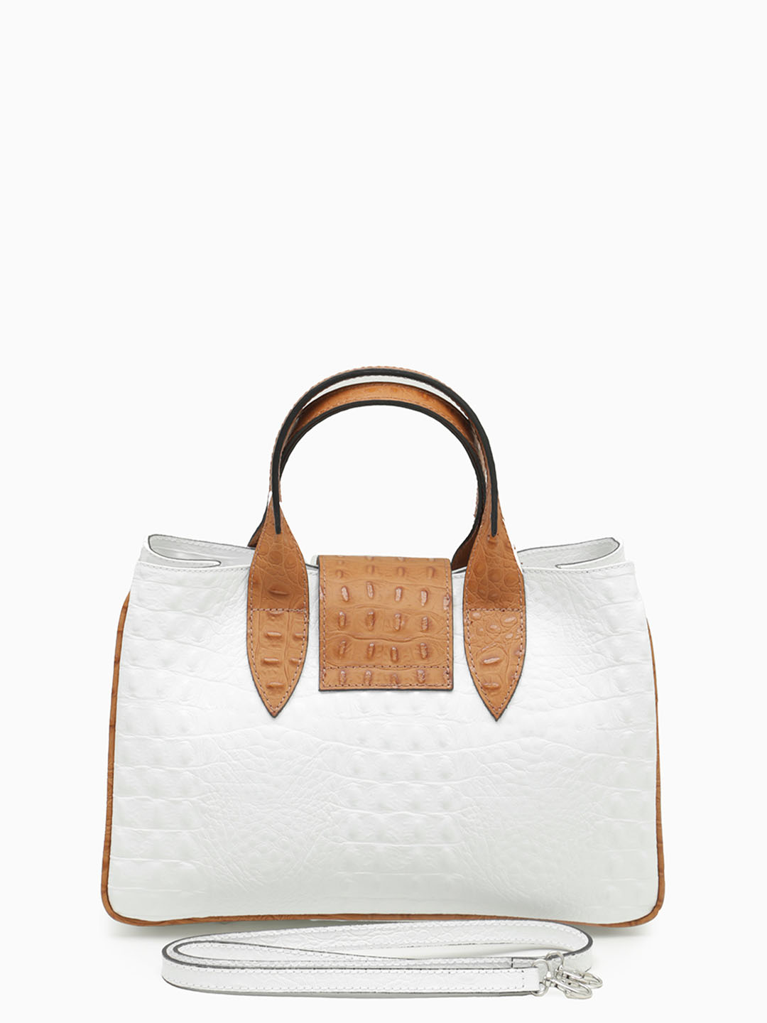 Сумка с поворотной серебристой фурнитурой от FOLLE из кожи под крокодила белого цвета