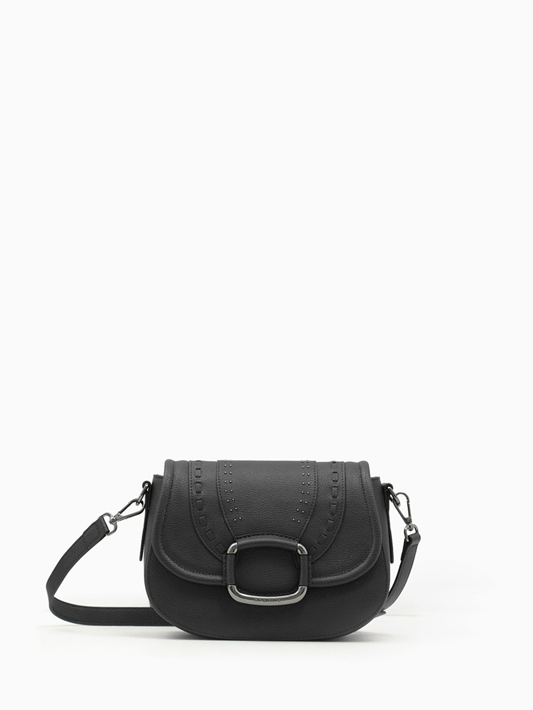 Кросс боди от Cromia в натуральной коже черного цвета с клепками и плетением