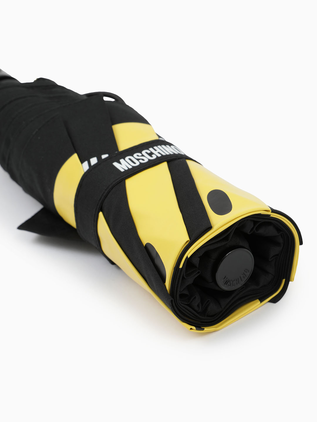 Зонт-автомат мини чёрного цвета с изображением жёлтых смайлов от MOSCHINO