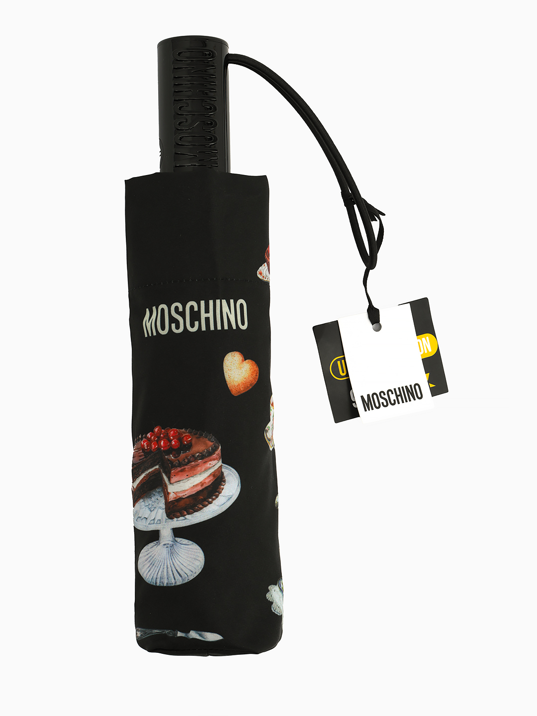 Зонт-автомат мини черного цвета с принтом чайника и торта от MOSCHINO