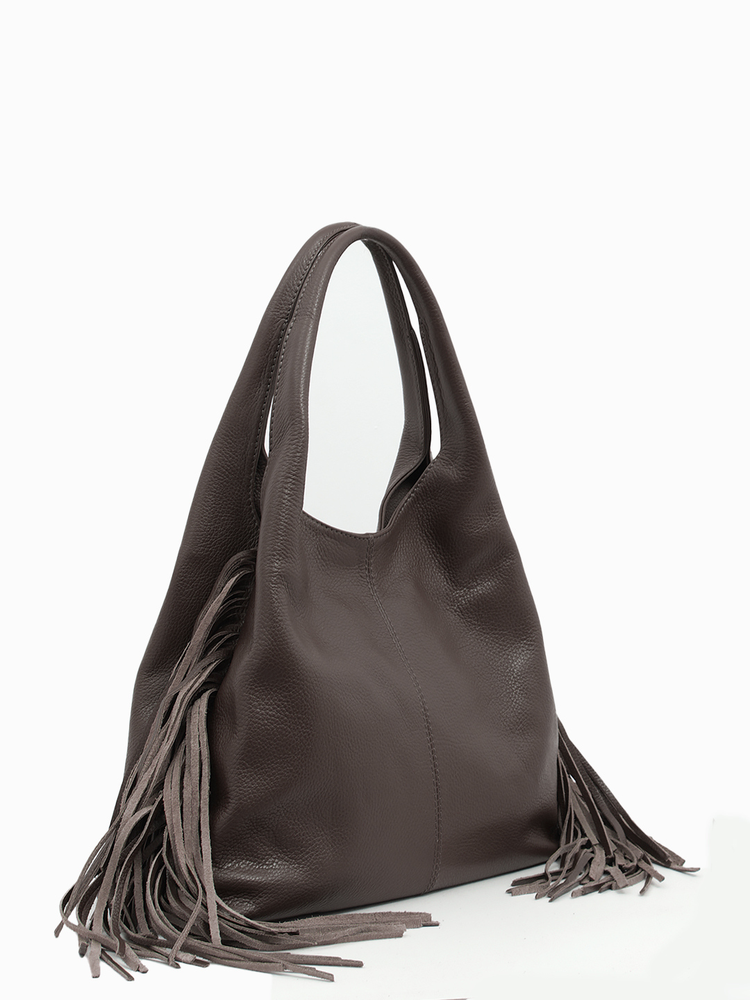 Кожаная сумка-мешок с длинной боковой бахромой от FOLLE в коричневом оттенке