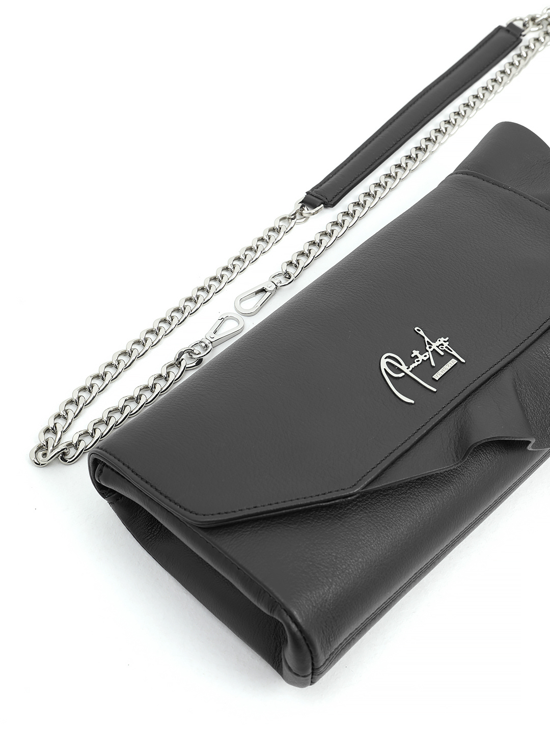 Сумка-клатч с ремнём-цепочкой и именным подкладом от Renato Angi в чёрном цвете