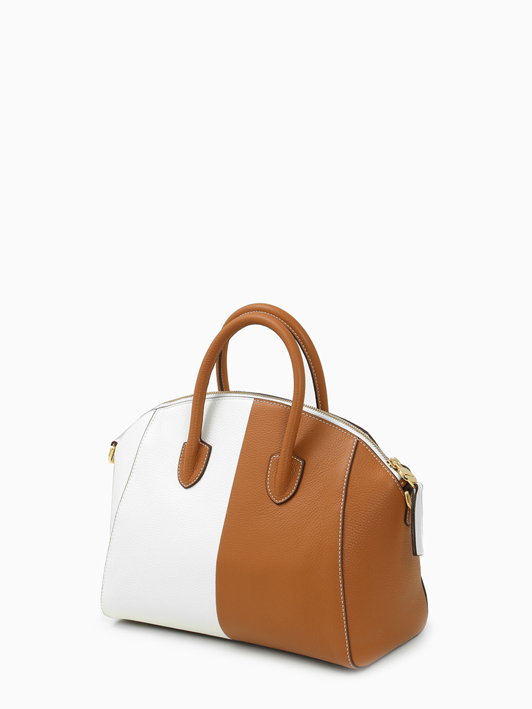 Сумка-тоут в размере М с фурнитурой-замком от NANNINI в сочетании коньячного оттенка и белого цвета off-white
