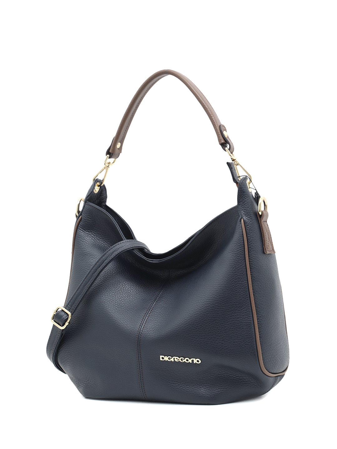 Сумка-мешок в размере М от Di Gregorio в синем цвете с коричневыми вставками