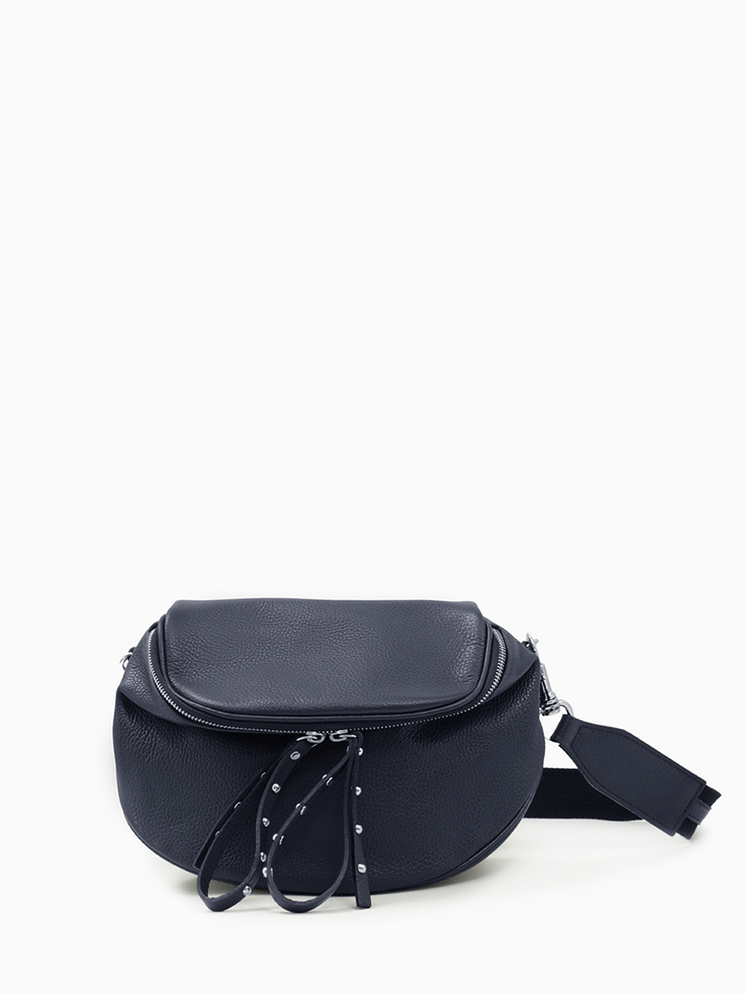 Полукруглая мягкая кросс-боди с длинными кожаными пуллерами с клёпками от FOLLE в синем цвете 