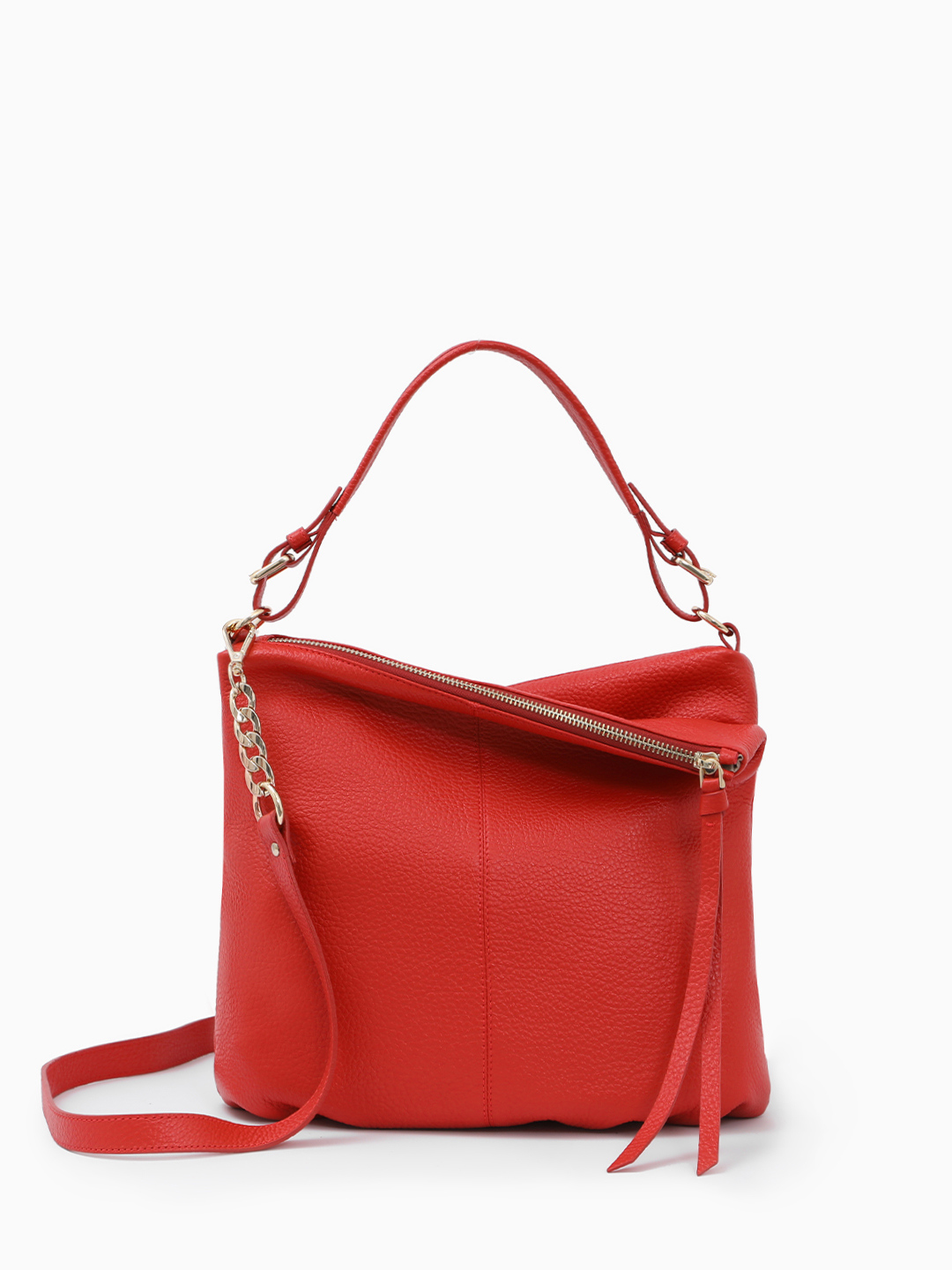 Сумка-хобо с длинными кожаными пуллерами и золотистой фурнитурой от KELLEN красного цвета