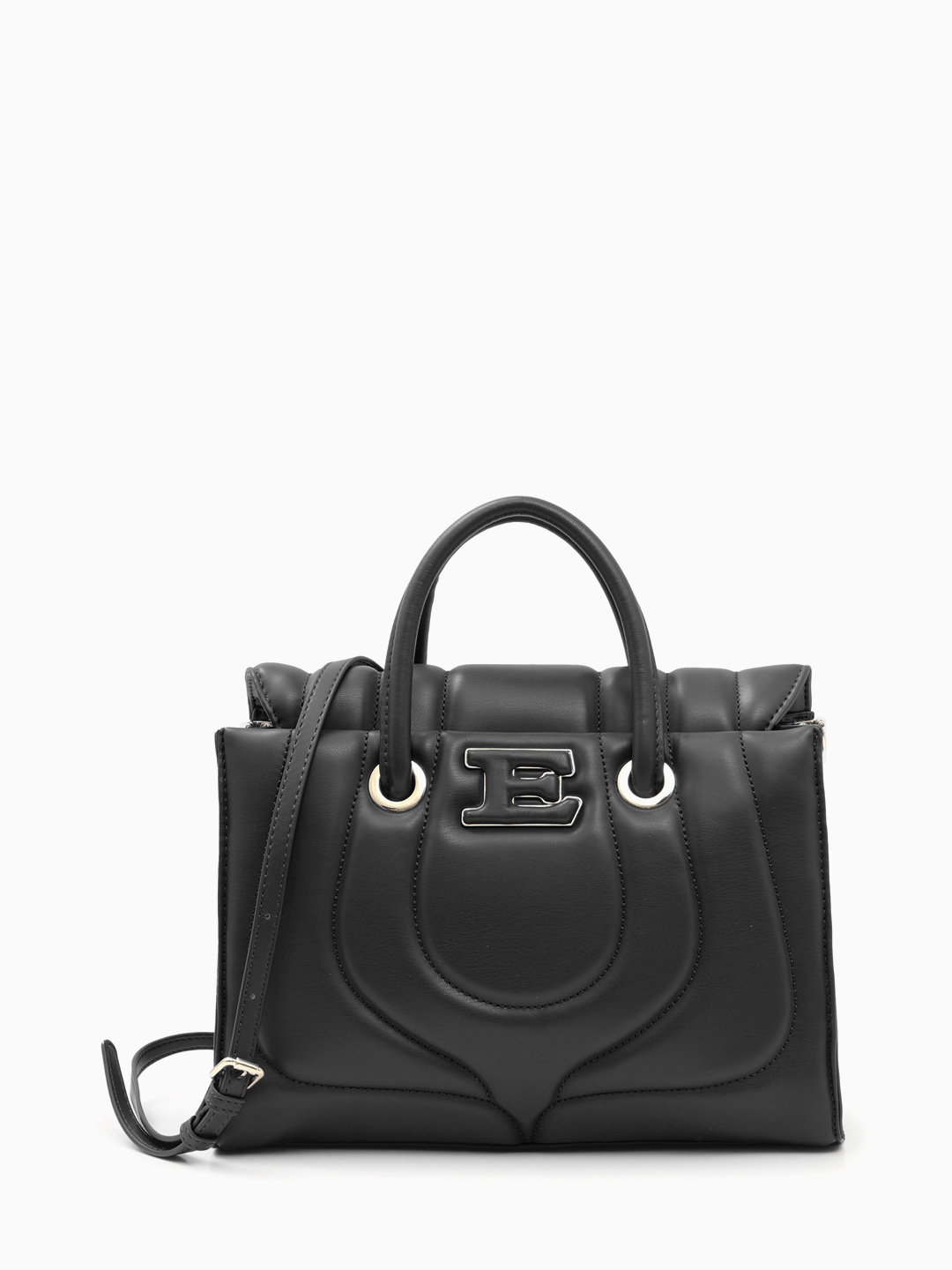 Сумка-тоут со строчкой и кожаной буквой Е от Ermanno Firenze в чёрном цвете