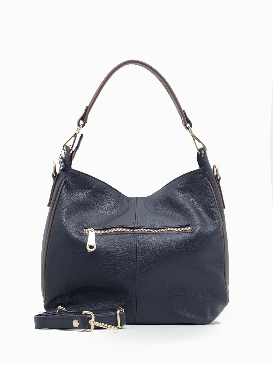 Сумка-мешок в размере М от Di Gregorio в синем цвете с коричневыми вставками