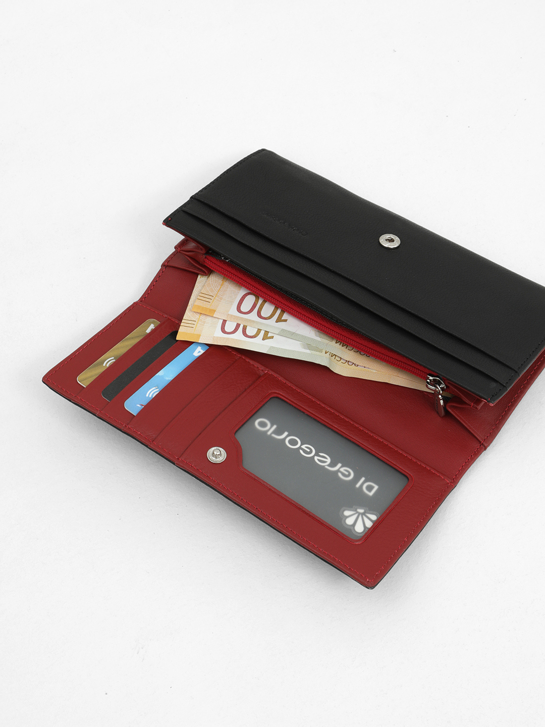 Прямоугольный бумажник с логотипом Di Gregorio черного цвета декорирован красной строчкой