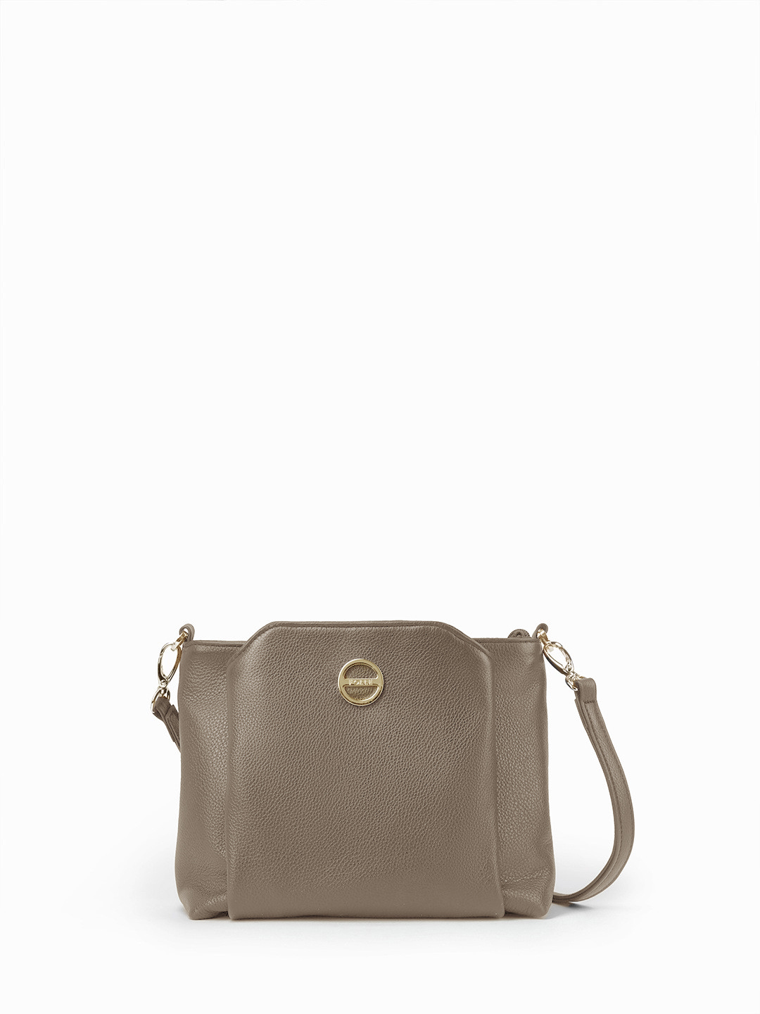 Базовая кросс-боди на плечо с круглой фирменной фурнитурой от FOLLE оттенка тауп