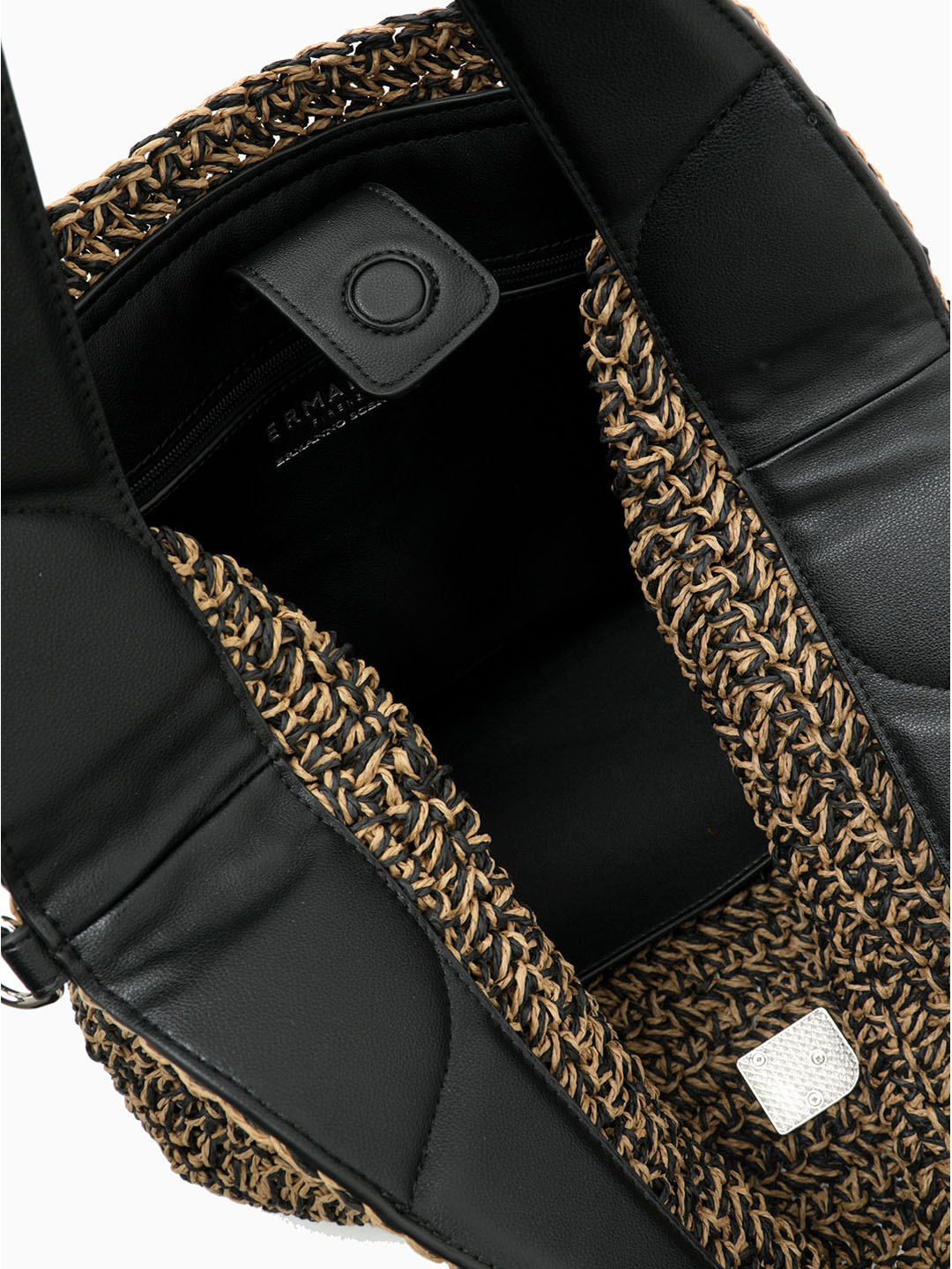 Большая сумка-мешок из бежевой и черной рафии от Ermanno Firenze с дополнительной плетеной ручкой