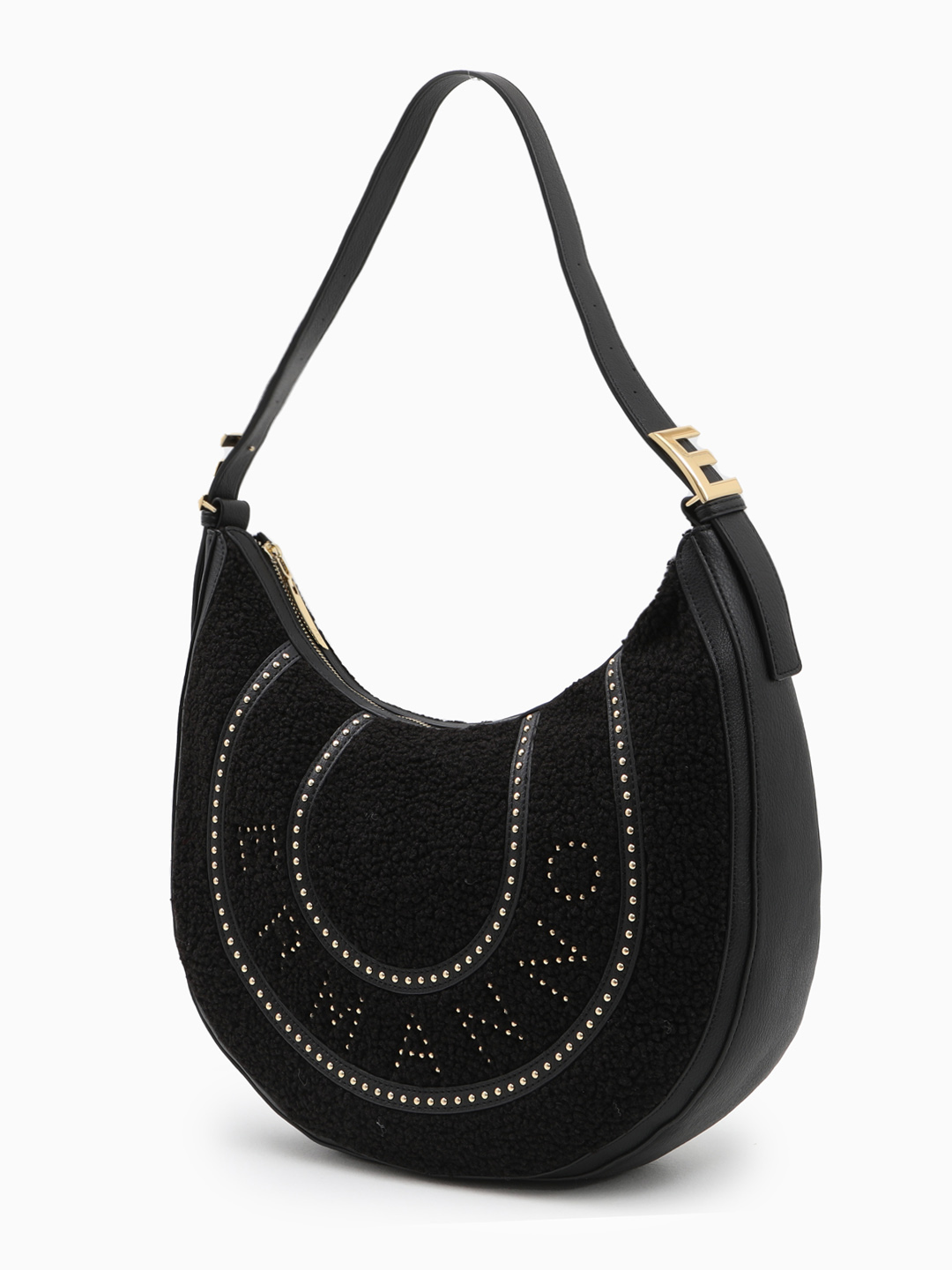 СУМКА-ХОБО В РАЗМЕРЕ "L" С НАДПИСЬЮ ИЗ МЕТАЛЛИЧЕСКИХ КЛЁПОК ОТ ERMANNO FIRENZE ЧЁРНОГО ЦВЕТА